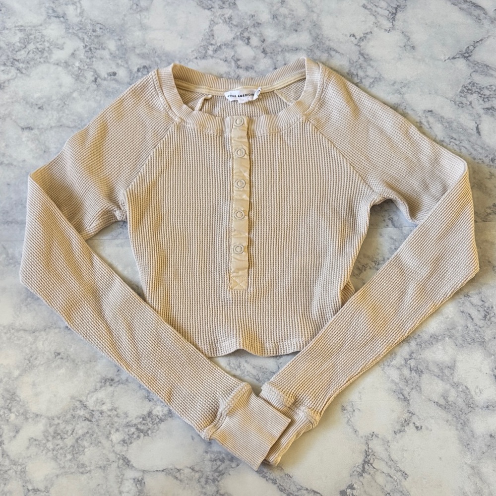 Good American Khloe Kardashian Henley Ivory Waffle Knit Button Top Shirt Thermal